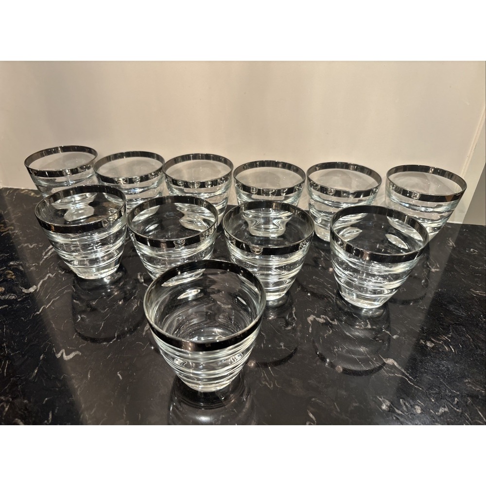 11 SILVER RIM Cocktail GLASSES Beehive MCM Dorothy Thorpe Mad Men Style barware